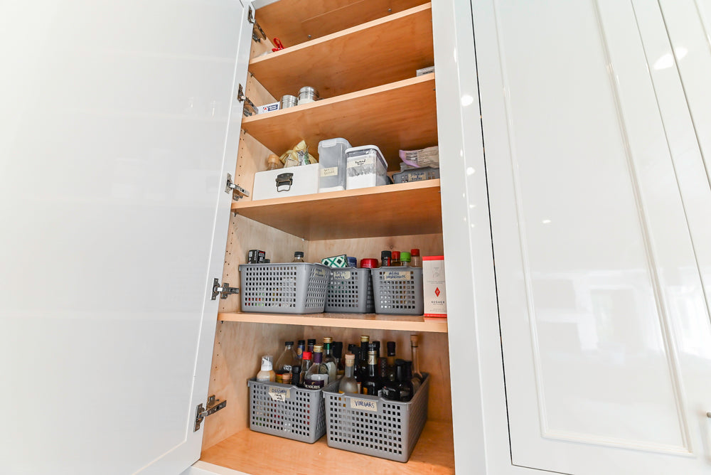 Custom Transitional White Kitchen with Natural Wood Toned Island, Quartz and Granite Countertops, 60" Wolf Range and Appliances