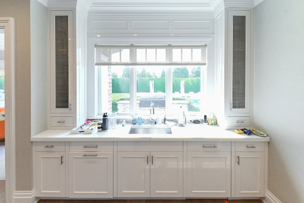 Custom Transitional White Kitchen with Natural Wood Toned Island, Quartz and Granite Countertops, 60" Wolf Range and Appliances