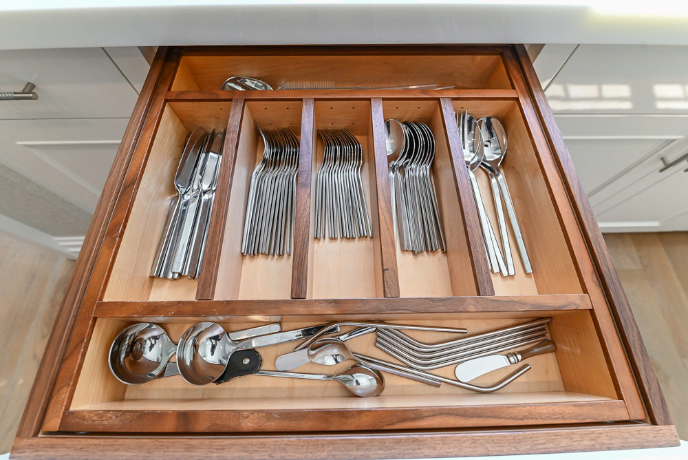 Custom Transitional White Kitchen with Natural Wood Toned Island, Quartz and Granite Countertops, 60" Wolf Range and Appliances