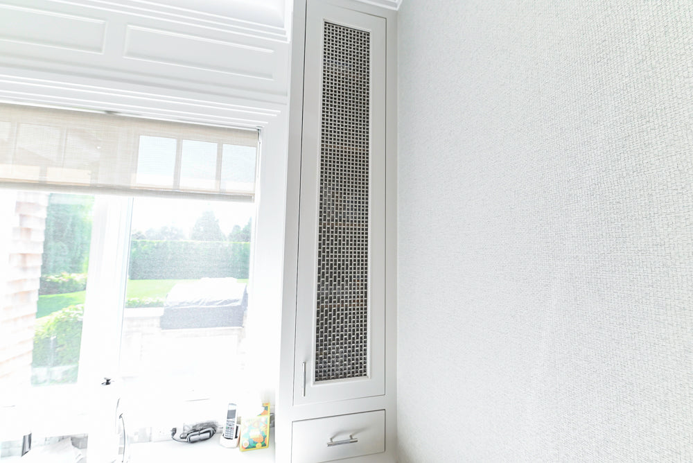 Custom Transitional White Kitchen with Natural Wood Toned Island, Quartz and Granite Countertops, 60" Wolf Range and Appliances