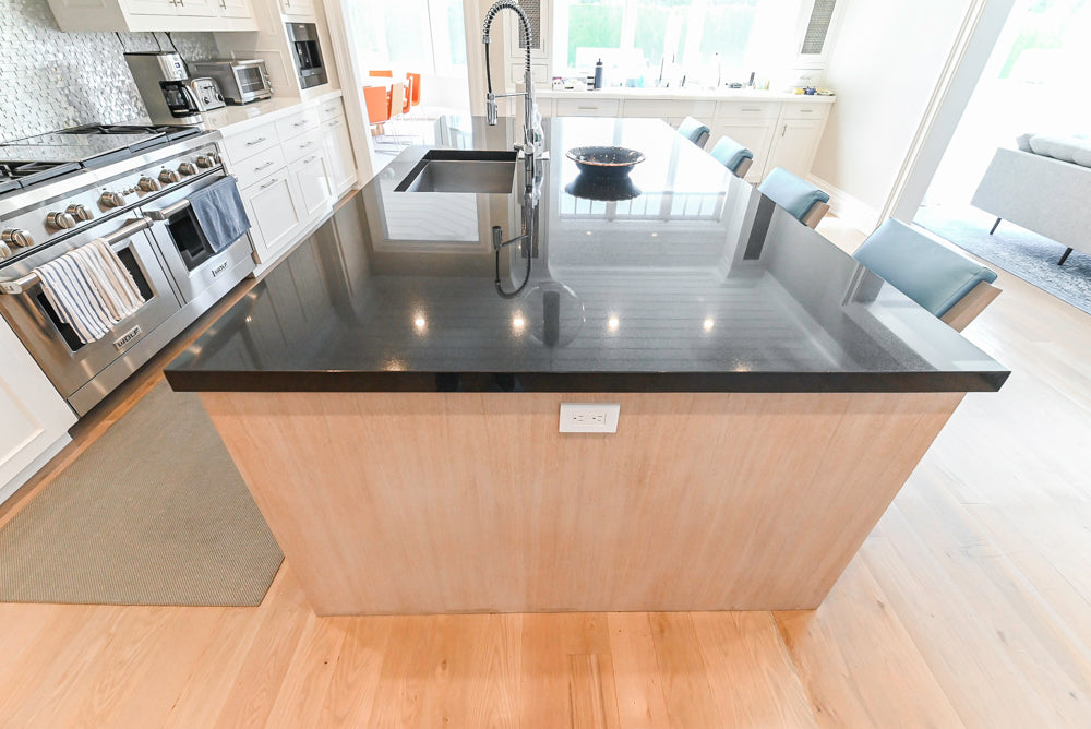 Custom Transitional White Kitchen with Natural Wood Toned Island, Quartz and Granite Countertops, 60" Wolf Range and Appliances
