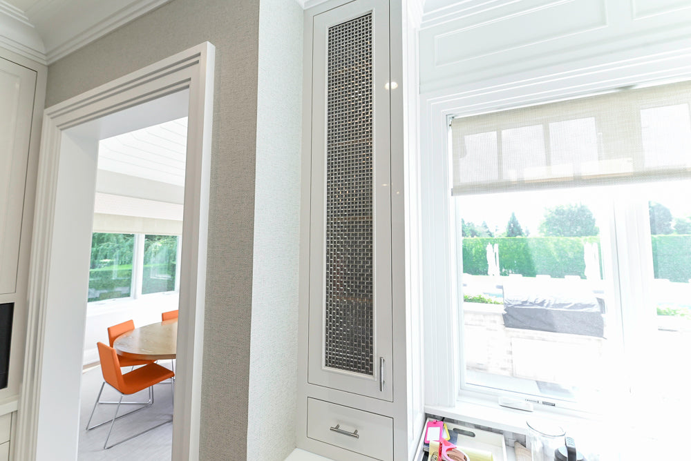 Custom Transitional White Kitchen with Natural Wood Toned Island, Quartz and Granite Countertops, 60" Wolf Range and Appliances