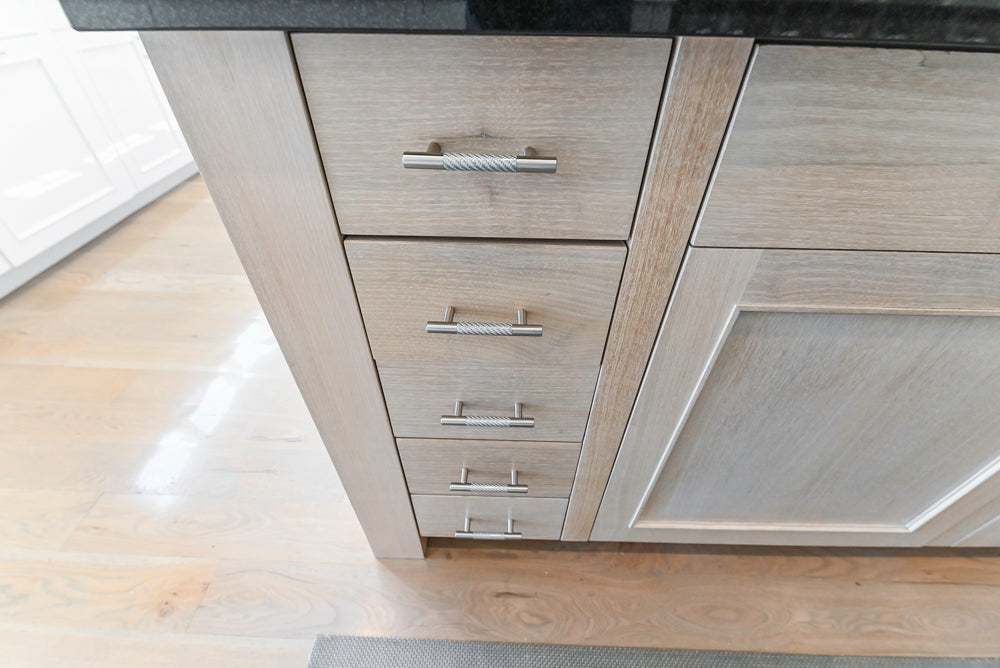 Custom Transitional White Kitchen with Natural Wood Toned Island, Quartz and Granite Countertops, 60" Wolf Range and Appliances