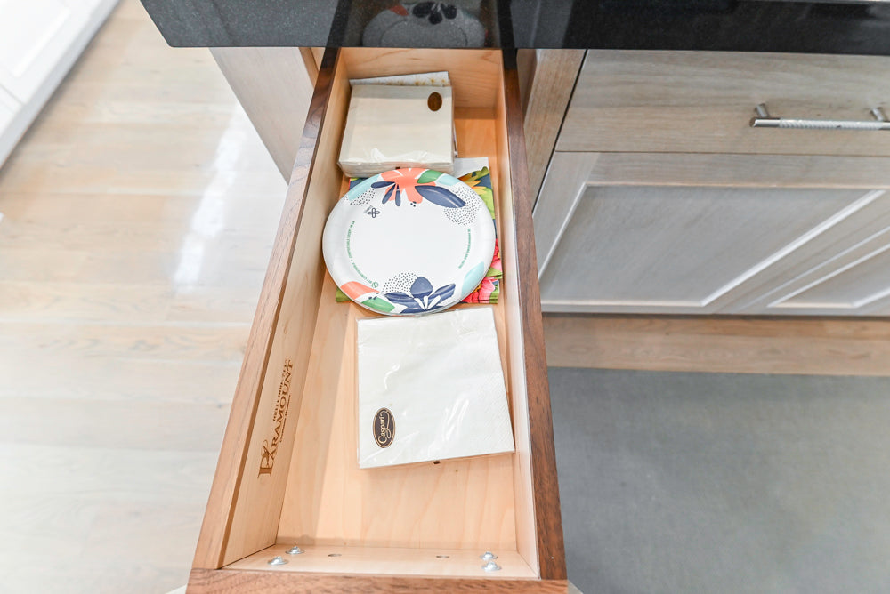 Custom Transitional White Kitchen with Natural Wood Toned Island, Quartz and Granite Countertops, 60" Wolf Range and Appliances