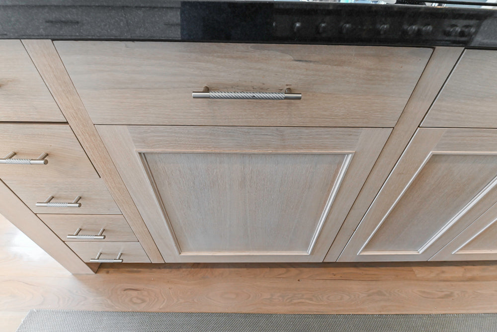 Custom Transitional White Kitchen with Natural Wood Toned Island, Quartz and Granite Countertops, 60" Wolf Range and Appliances