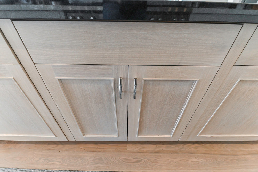 Custom Transitional White Kitchen with Natural Wood Toned Island, Quartz and Granite Countertops, 60" Wolf Range and Appliances