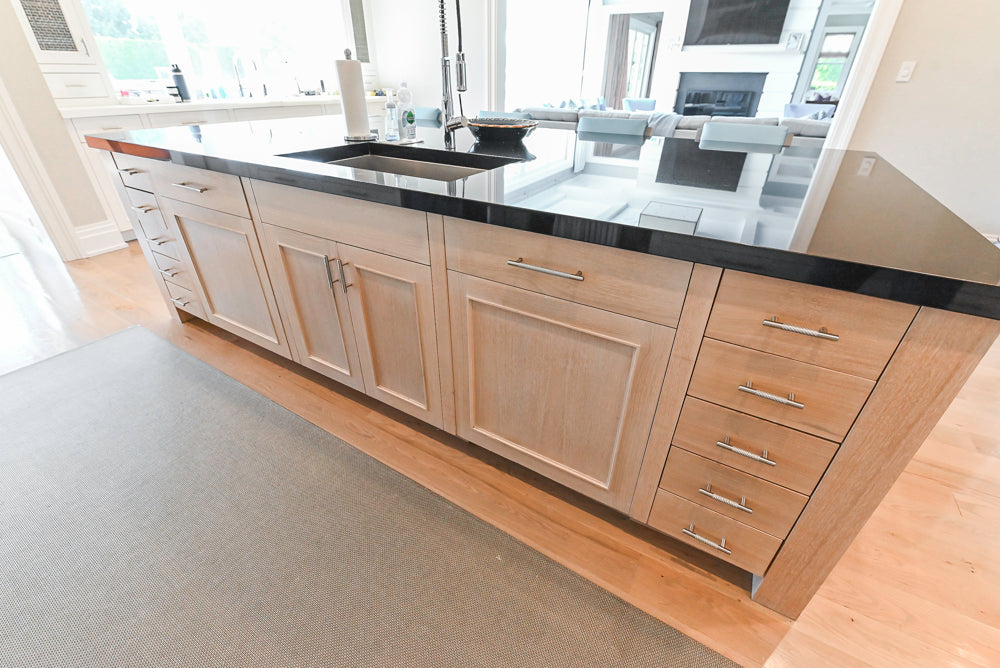 Custom Transitional White Kitchen with Natural Wood Toned Island, Quartz and Granite Countertops, 60" Wolf Range and Appliances