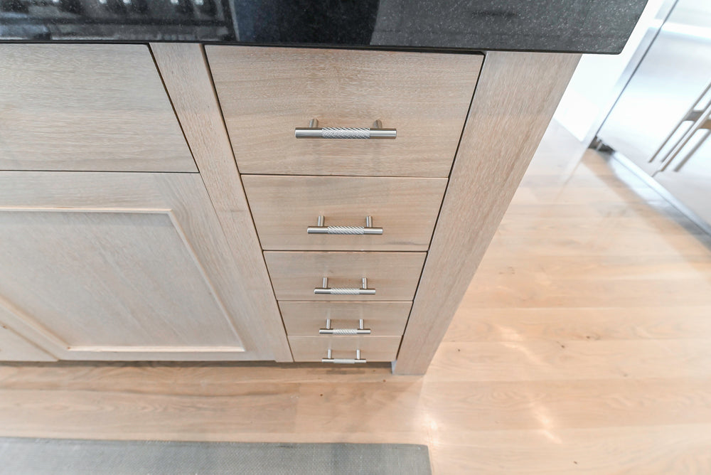 Custom Transitional White Kitchen with Natural Wood Toned Island, Quartz and Granite Countertops, 60" Wolf Range and Appliances
