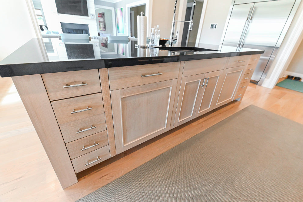 Custom Transitional White Kitchen with Natural Wood Toned Island, Quartz and Granite Countertops, 60" Wolf Range and Appliances