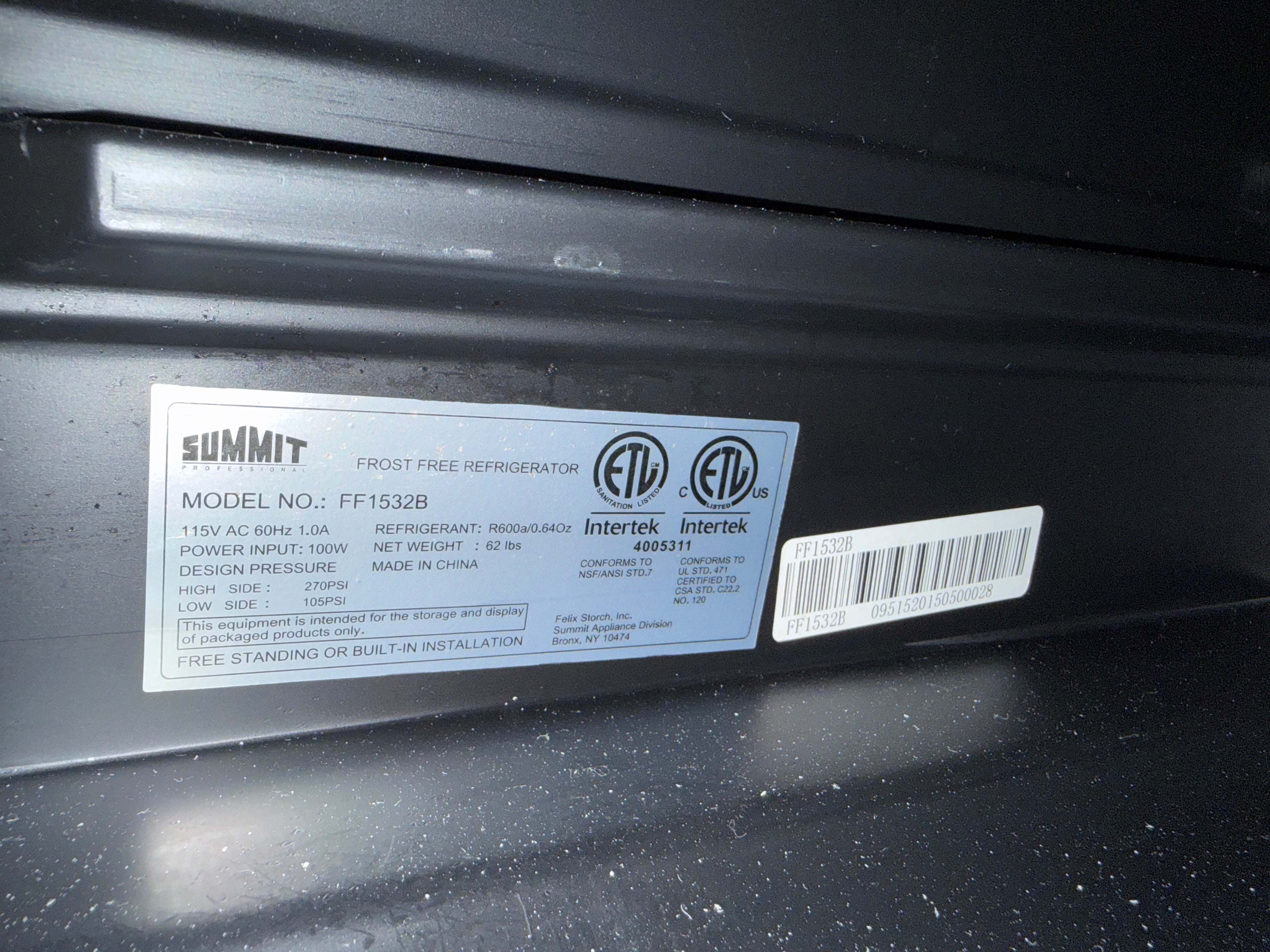 Summit FF1532B 15" Panel Ready Undercounter All Refrigerator