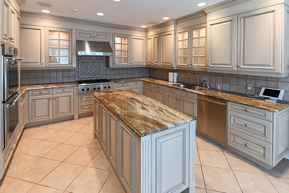 Seimatic Traditional Light Beige Kitchen with Island, Granite Countertops and Appliances
