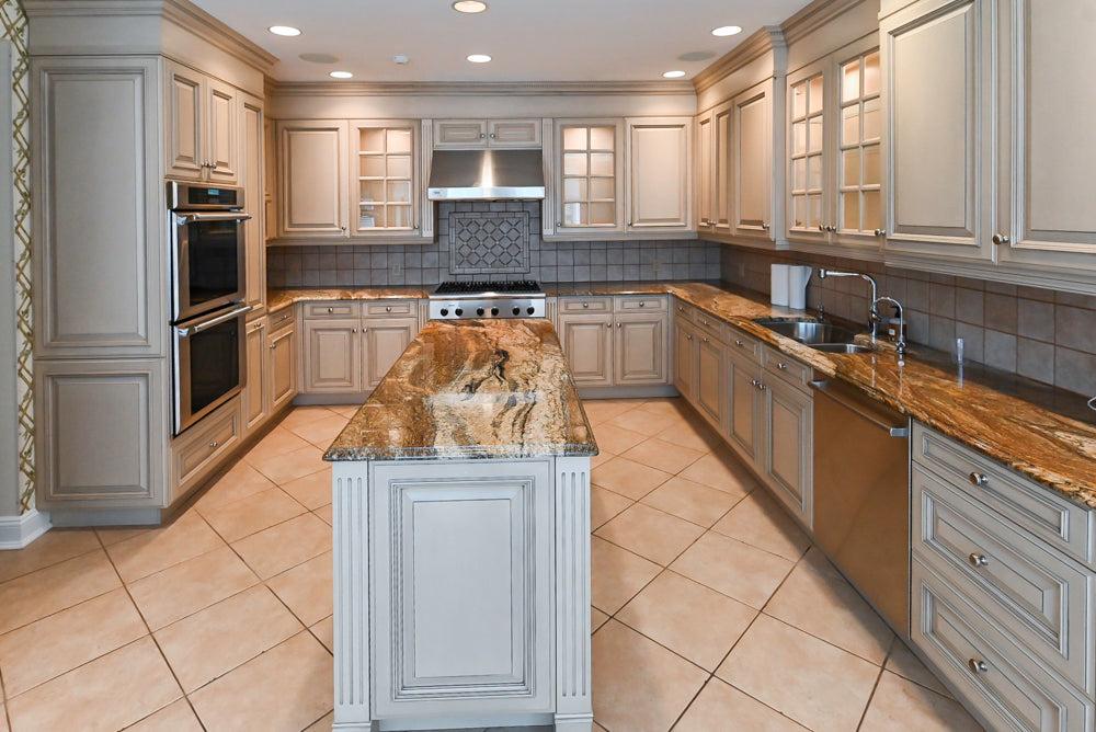 Seimatic Traditional Light Beige Kitchen with Island, Granite Countertops and Appliances