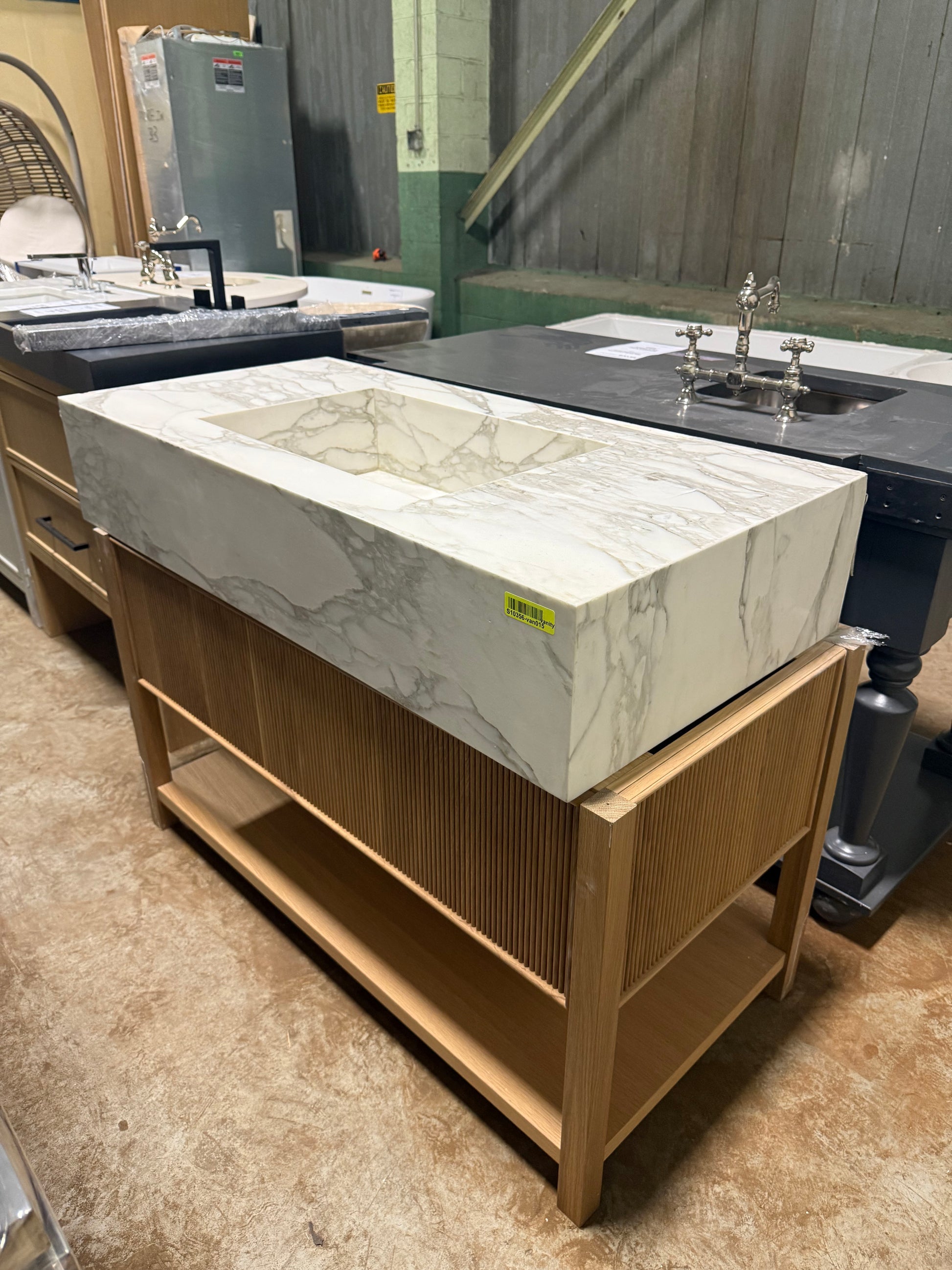 Modern 47" Natural Wood Toned & Fluted Single Vanity with White Marble Integrated Sink Top