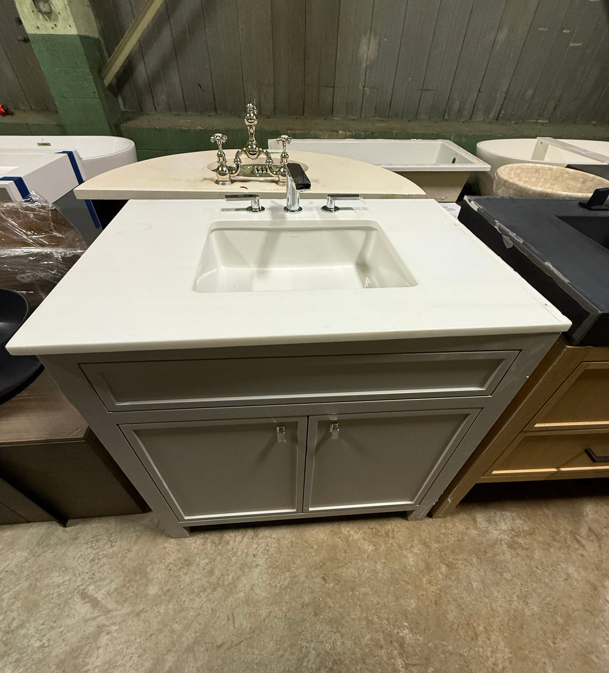 Modern Grey 35" Single Vanity With White Top, Kohler Sink and Polished Chrome Three-Piece Faucet