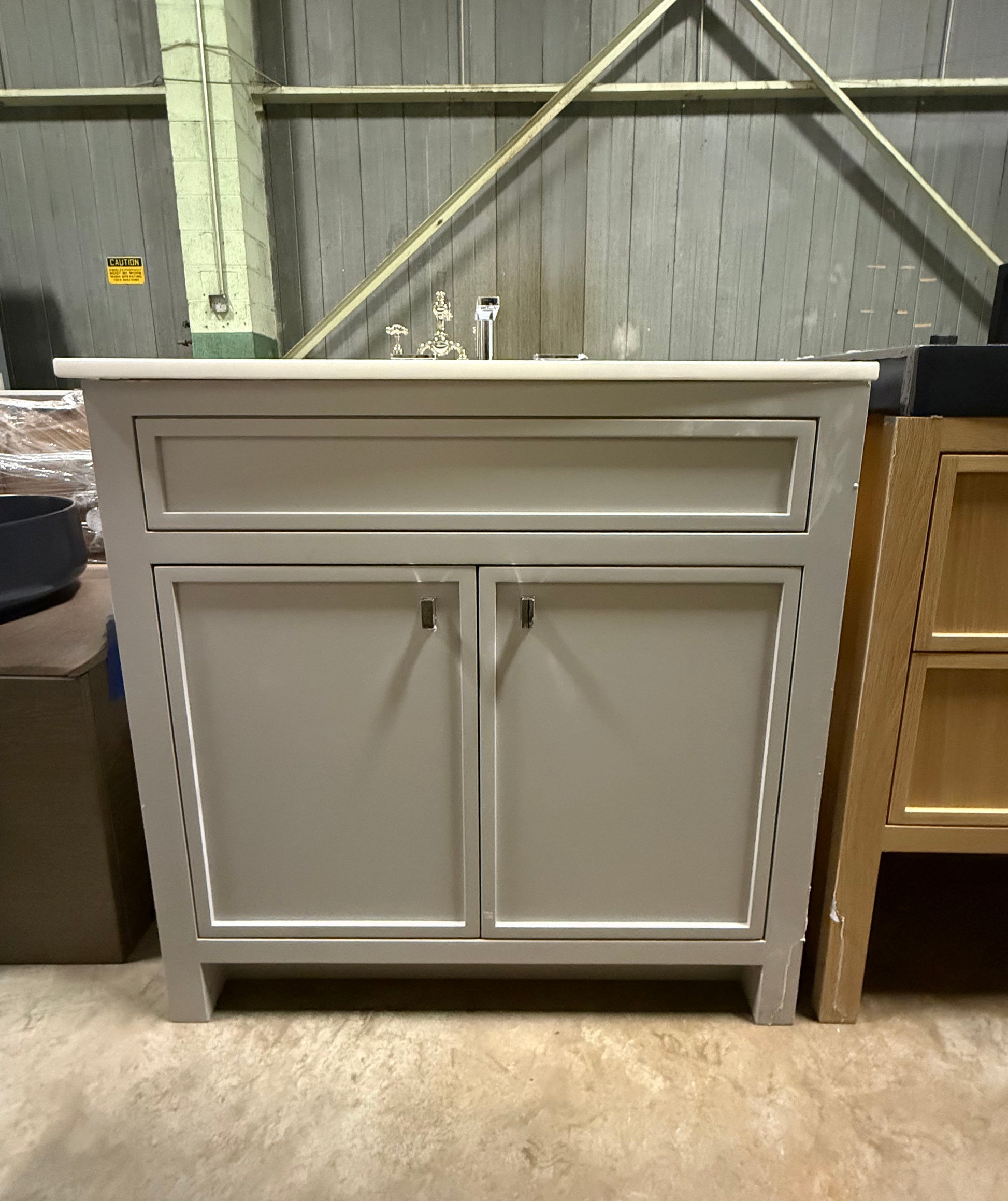 Modern Grey 35" Single Vanity With White Top, Kohler Sink and Polished Chrome Three-Piece Faucet