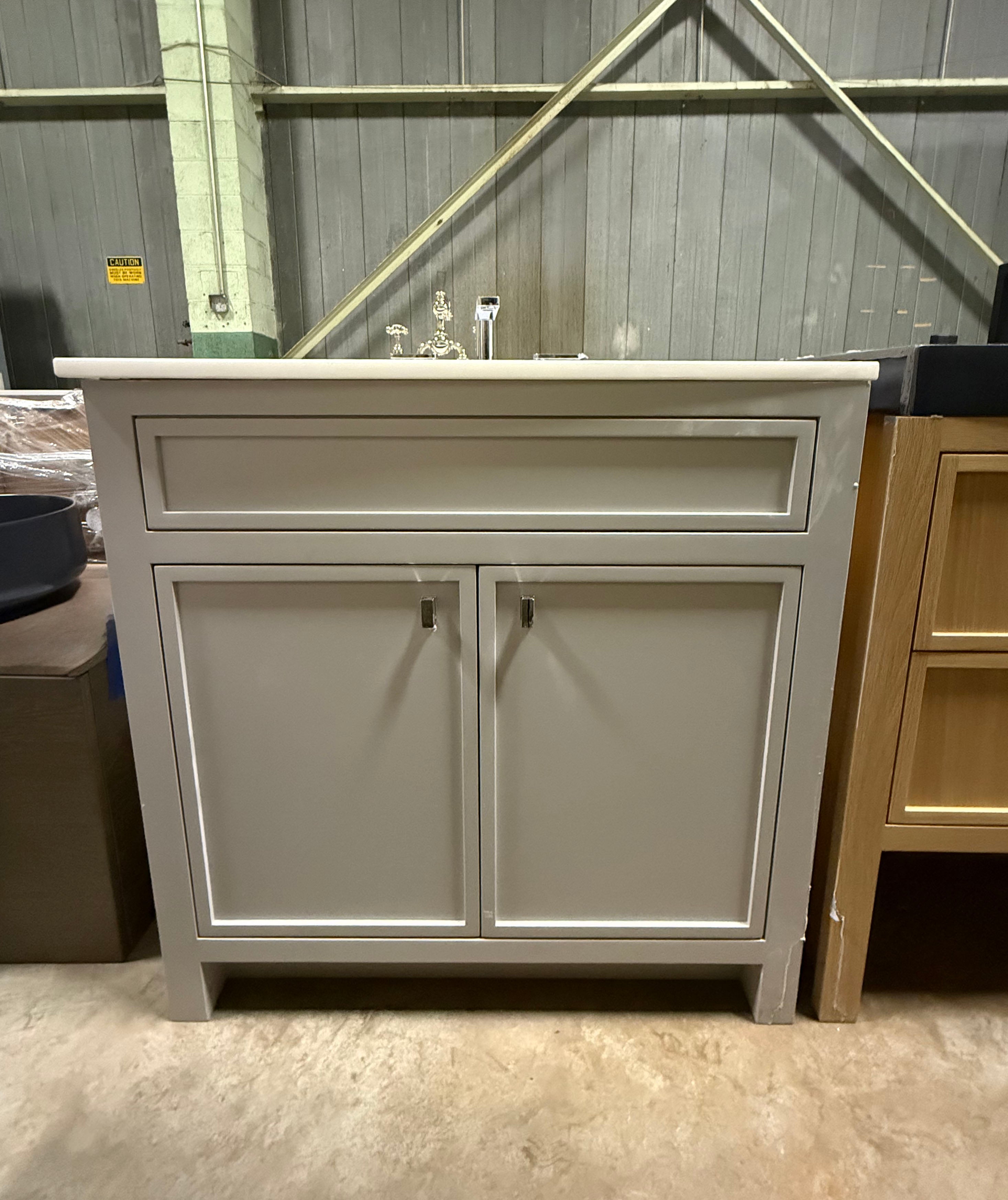 Modern Grey 35" Single Vanity With White Top, Kohler Sink and Polished Chrome Three-Piece Faucet