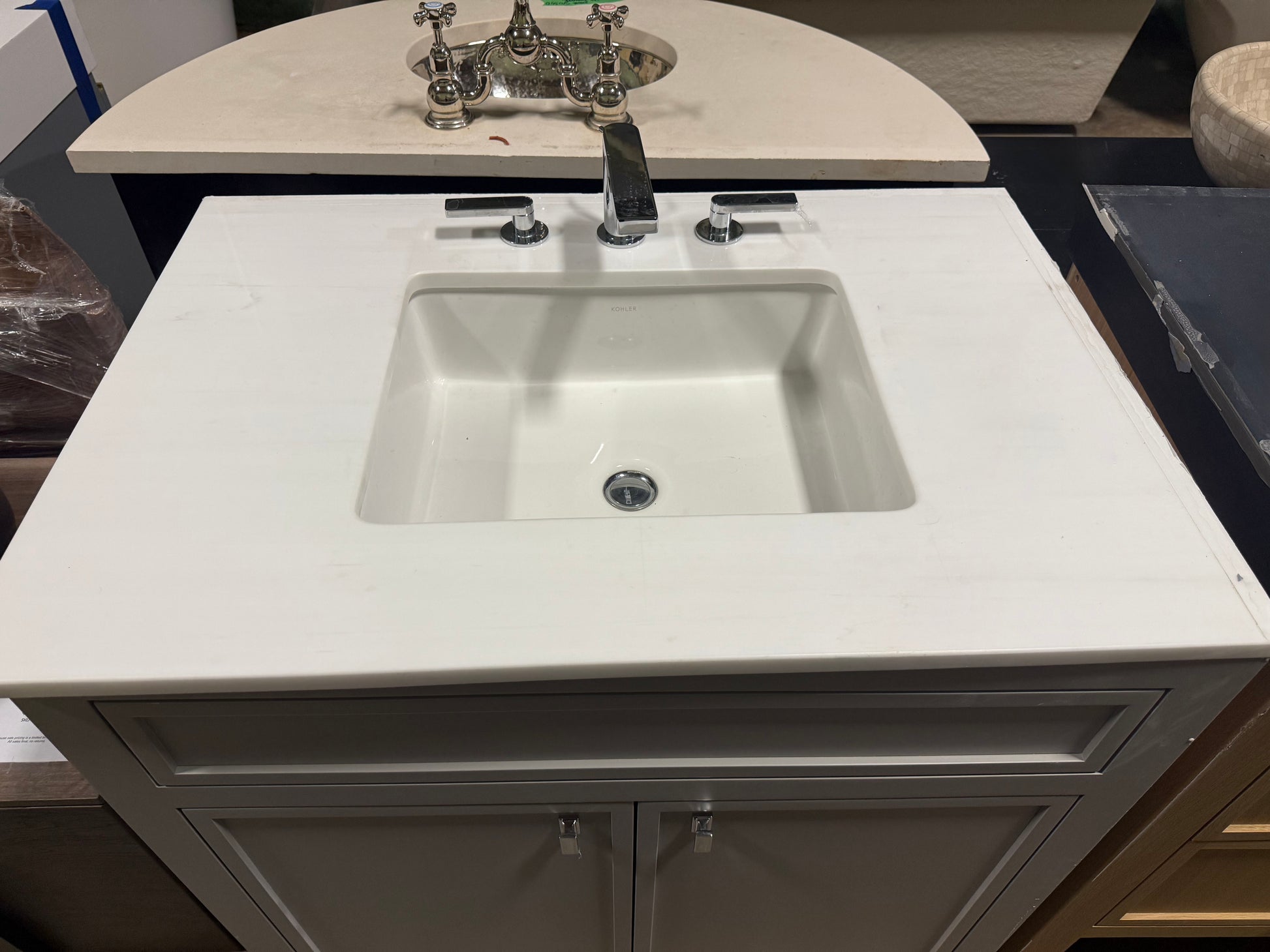 Modern Grey 35" Single Vanity With White Top, Kohler Sink and Polished Chrome Three-Piece Faucet