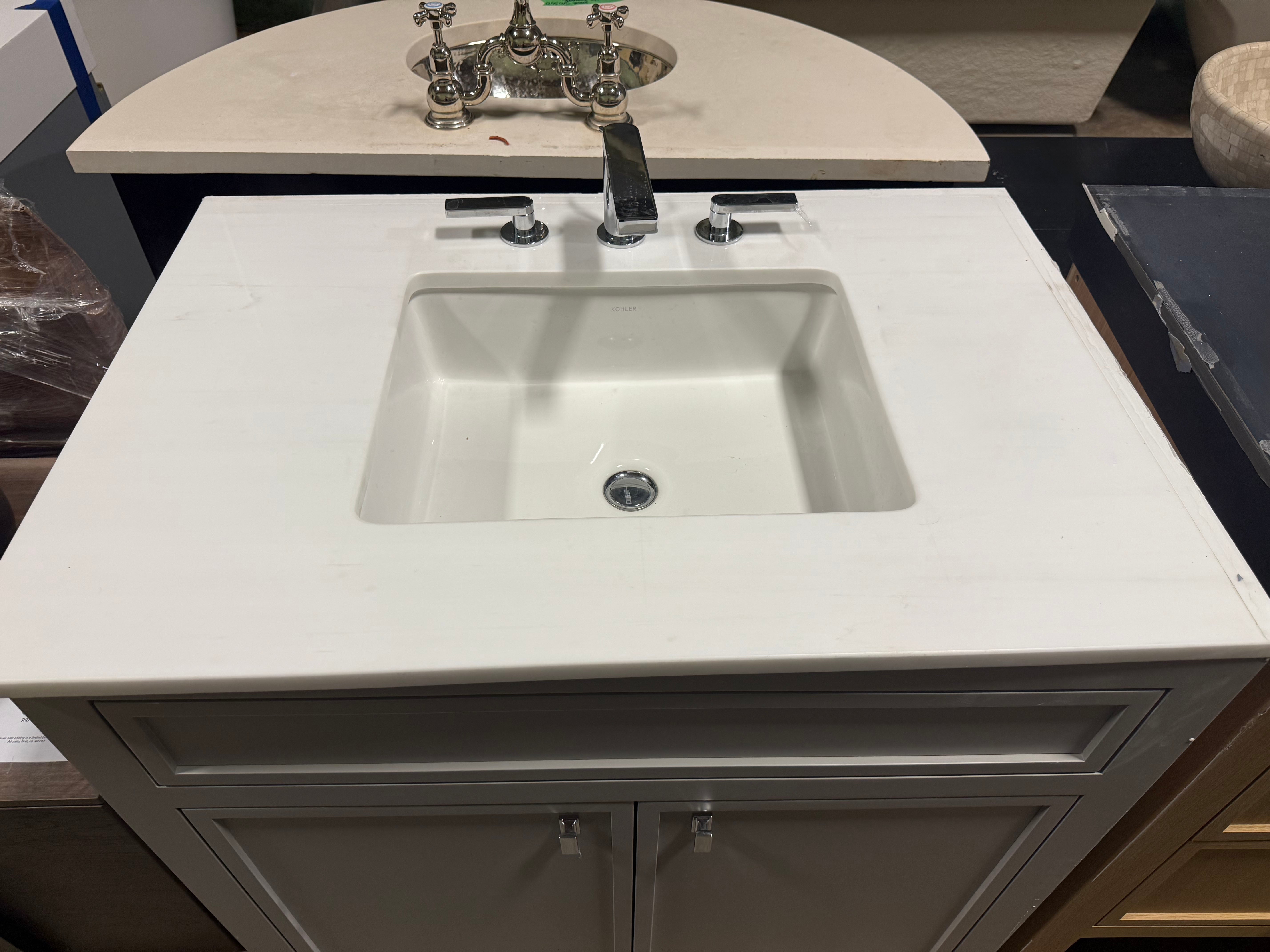 Modern Grey 35" Single Vanity With White Top, Kohler Sink and Polished Chrome Three-Piece Faucet