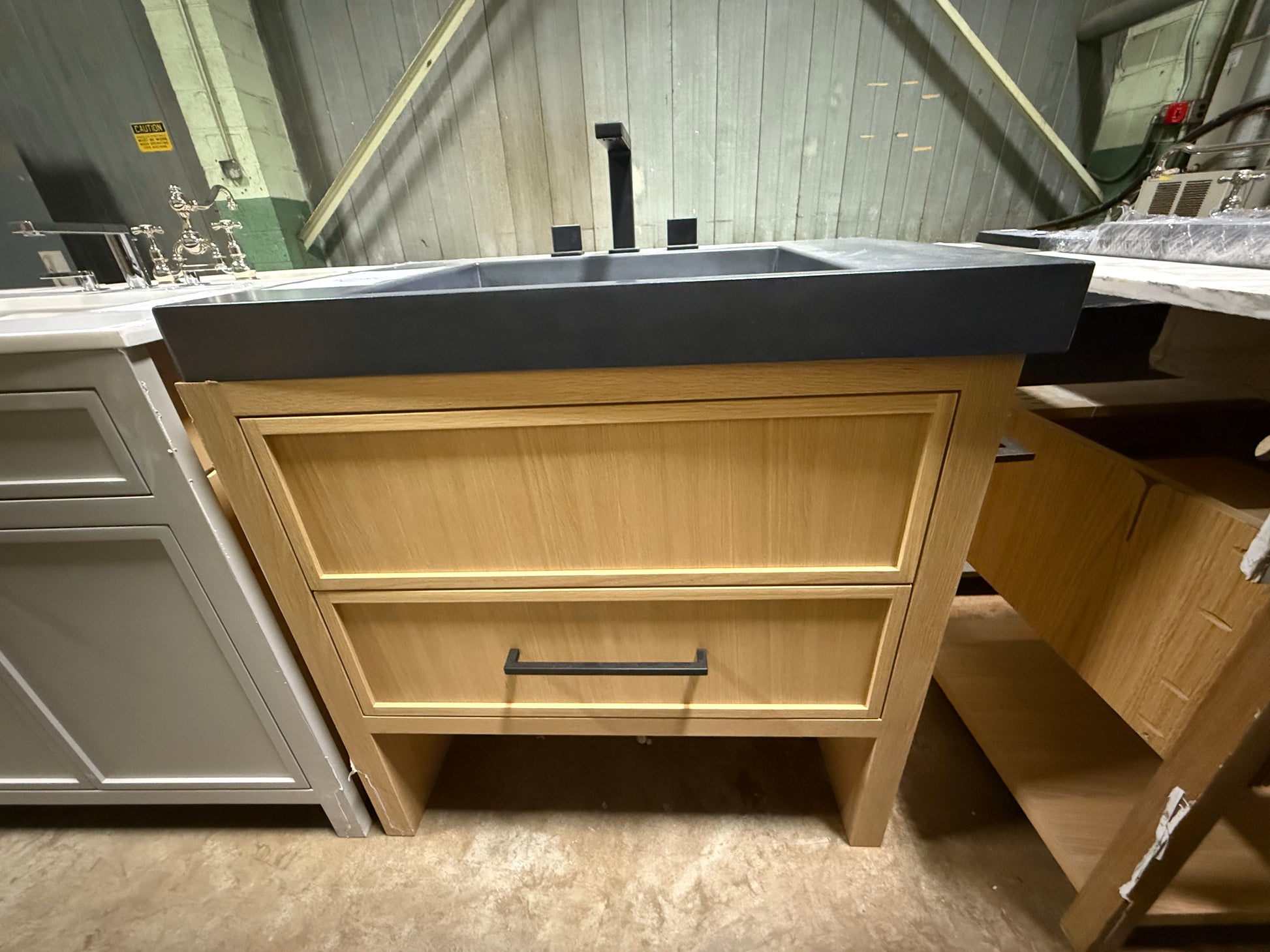 Custom 35" Natural Wood Wall Mount Vanity With Integrated Black Sink Top and Matte Black Faucet
