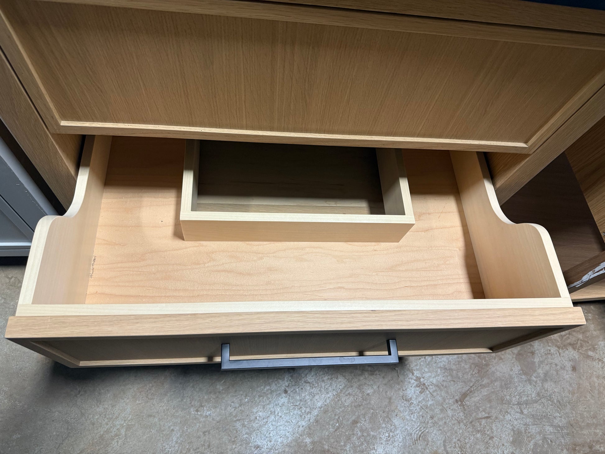 Custom 35" Natural Wood Wall Mount Vanity With Integrated Black Sink Top and Matte Black Faucet