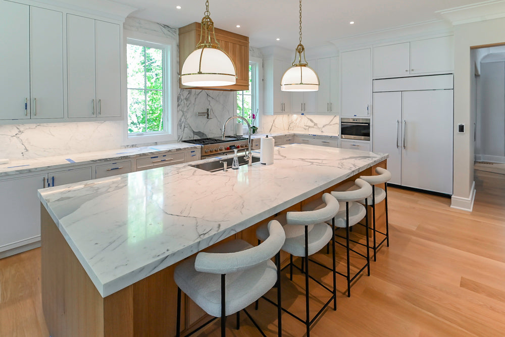 Custom Transitional White Kitchen with Natural Wood Toned Island, White Marble Countertops and 48" Wolf Range