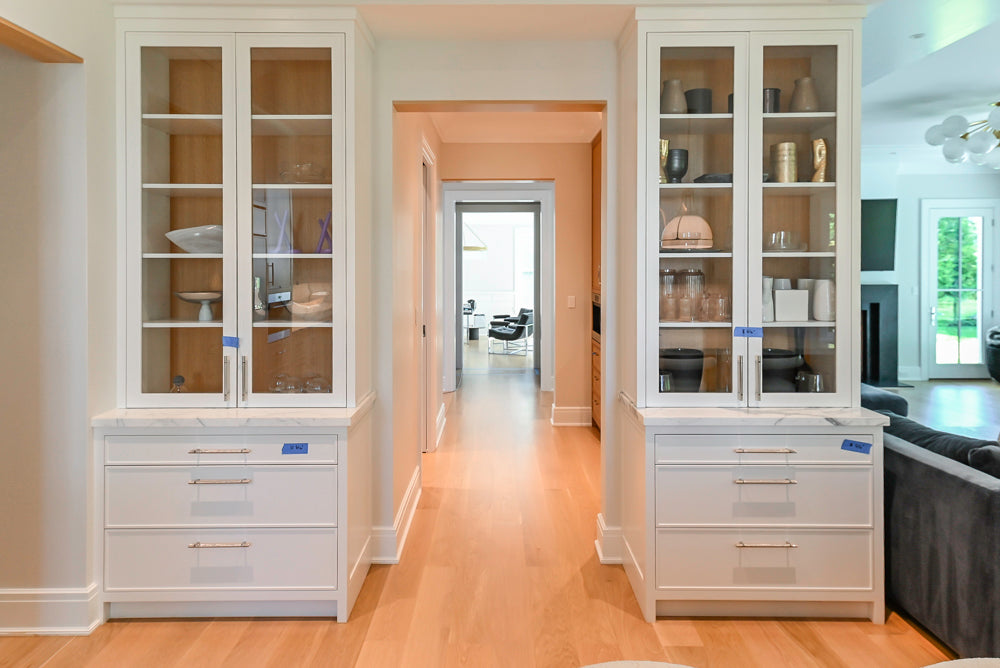 Custom Transitional White Kitchen with Natural Wood Toned Island, White Marble Countertops and 48" Wolf Range