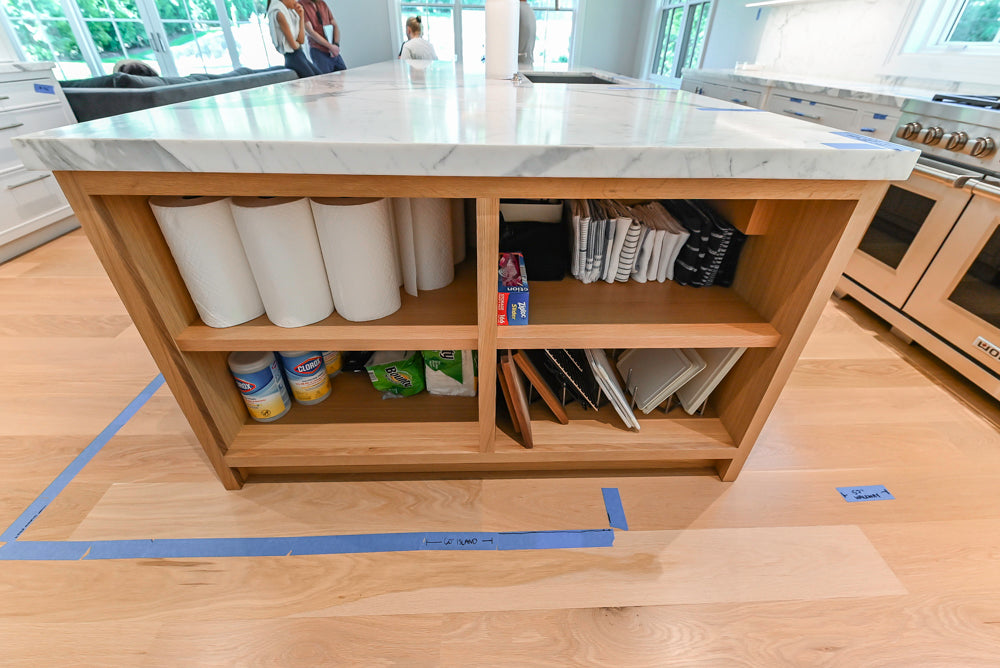 Custom Transitional White Kitchen with Natural Wood Toned Island, White Marble Countertops and 48" Wolf Range