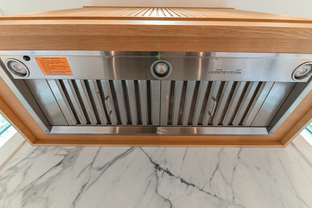 Custom Transitional White Kitchen with Natural Wood Toned Island, White Marble Countertops and 48" Wolf Range