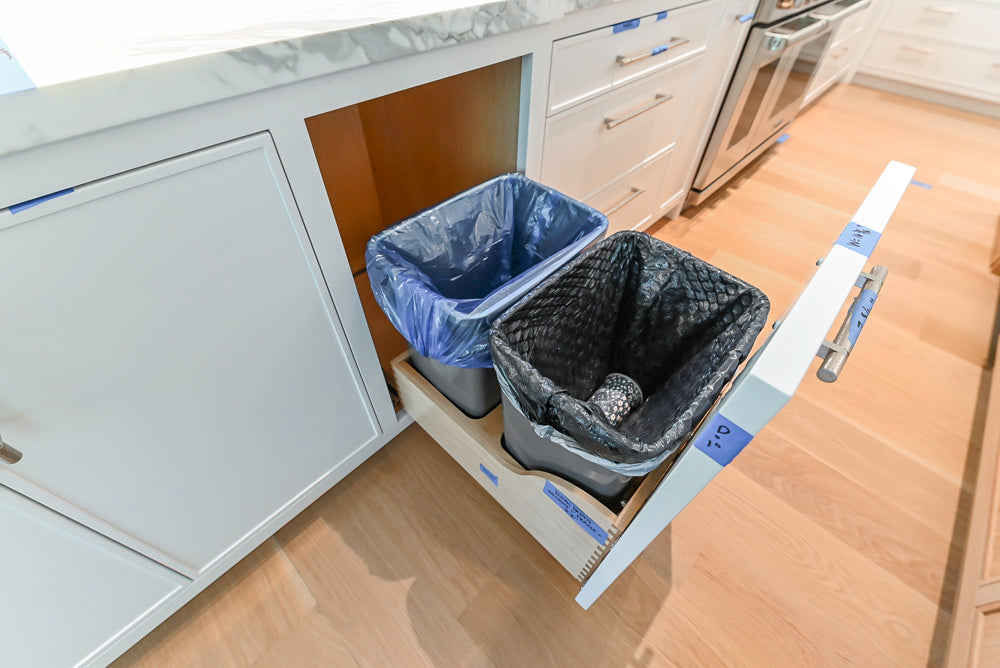 Custom Transitional White Kitchen with Natural Wood Toned Island, White Marble Countertops and 48" Wolf Range