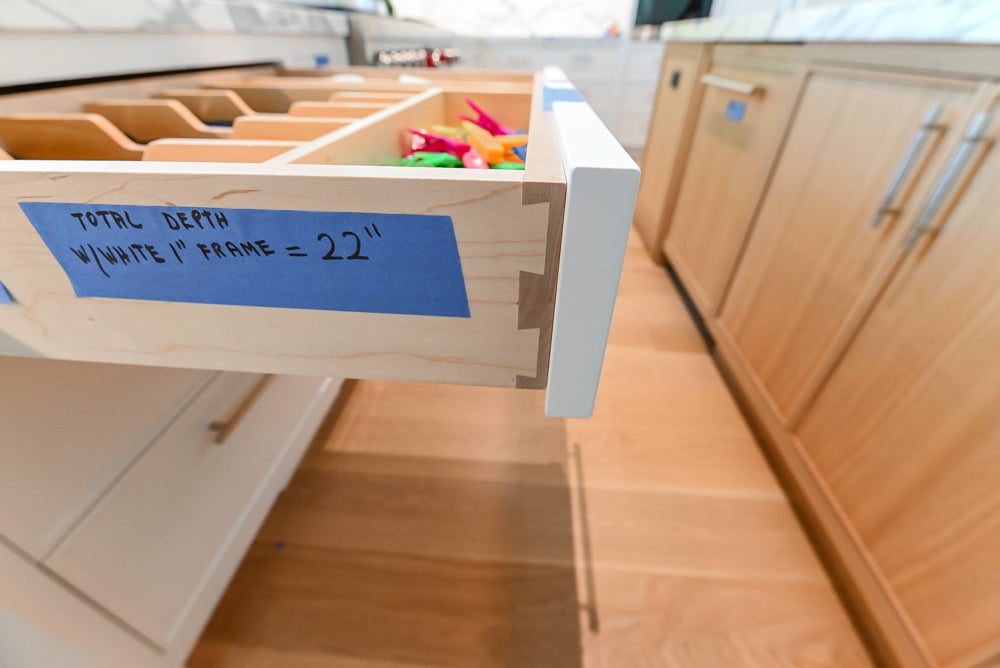 Custom Transitional White Kitchen with Natural Wood Toned Island, White Marble Countertops and 48" Wolf Range