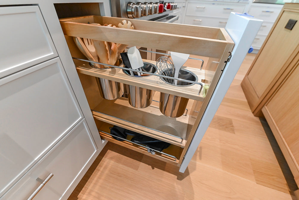 Custom Transitional White Kitchen with Natural Wood Toned Island, White Marble Countertops and 48" Wolf Range