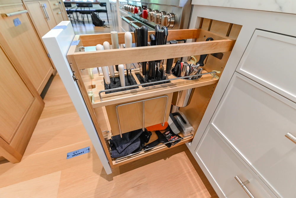Custom Transitional White Kitchen with Natural Wood Toned Island, White Marble Countertops and 48" Wolf Range