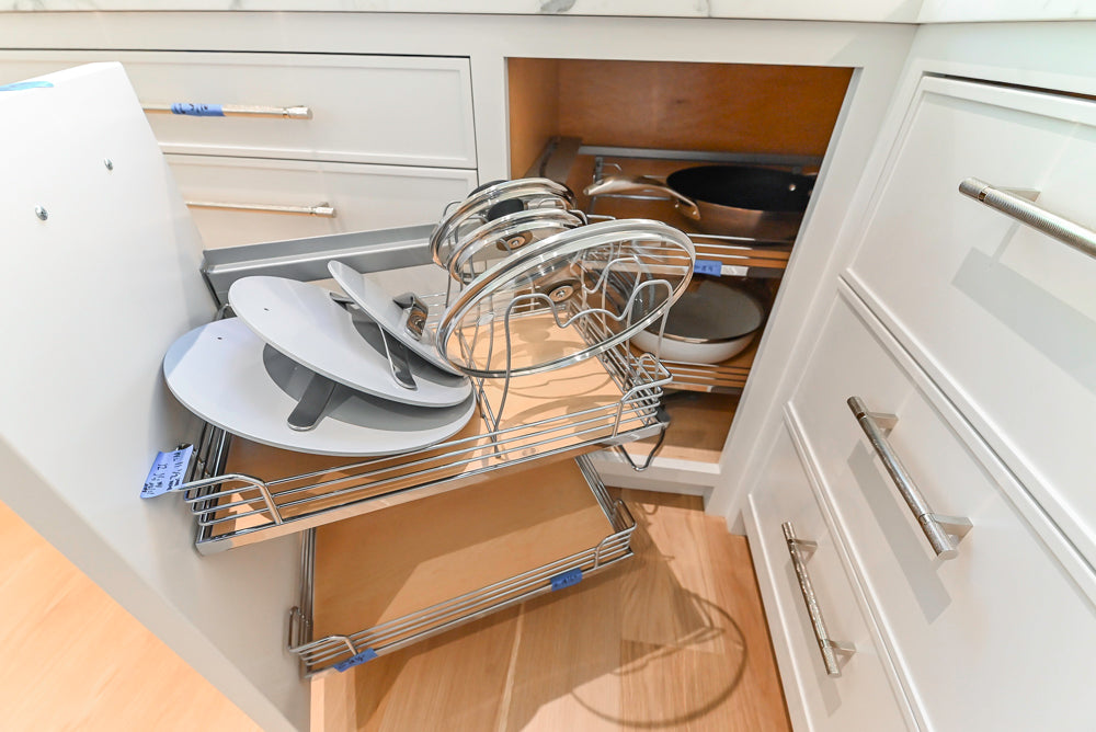 Custom Transitional White Kitchen with Natural Wood Toned Island, White Marble Countertops and 48" Wolf Range