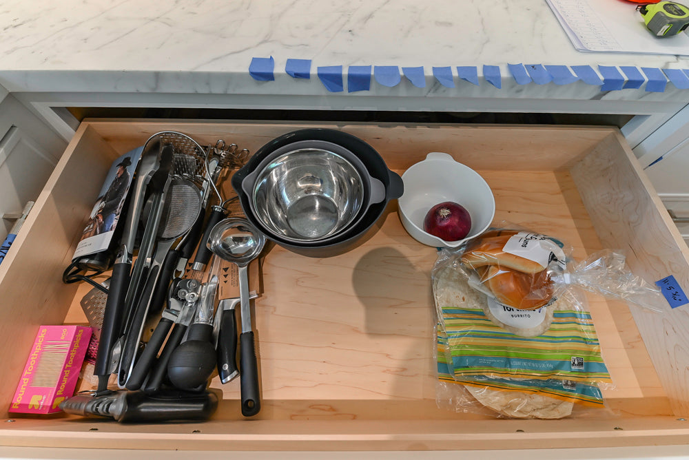 Custom Transitional White Kitchen with Natural Wood Toned Island, White Marble Countertops and 48" Wolf Range