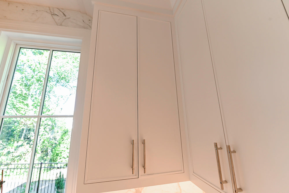 Custom Transitional White Kitchen with Natural Wood Toned Island, White Marble Countertops and 48" Wolf Range
