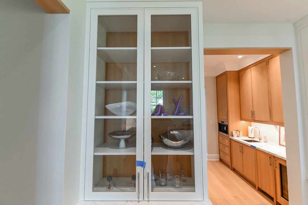 Custom Transitional White Kitchen with Natural Wood Toned Island, White Marble Countertops and 48" Wolf Range
