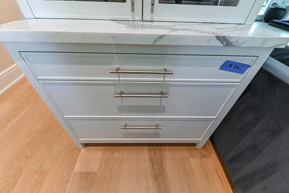 Custom Transitional White Kitchen with Natural Wood Toned Island, White Marble Countertops and 48" Wolf Range