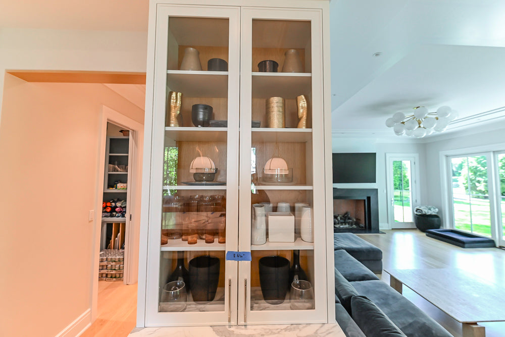Custom Transitional White Kitchen with Natural Wood Toned Island, White Marble Countertops and 48" Wolf Range