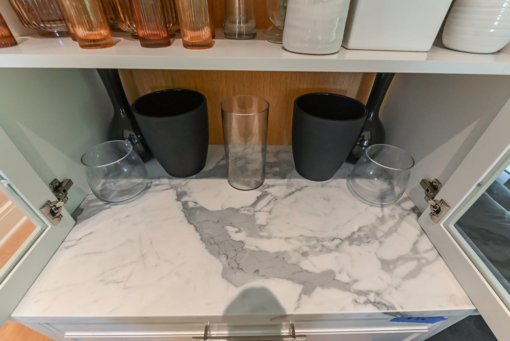 Custom Transitional White Kitchen with Natural Wood Toned Island, White Marble Countertops and 48" Wolf Range