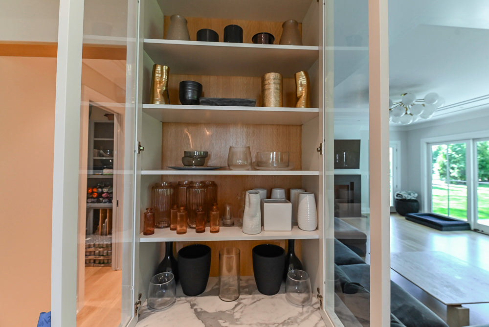 Custom Transitional White Kitchen with Natural Wood Toned Island, White Marble Countertops and 48" Wolf Range