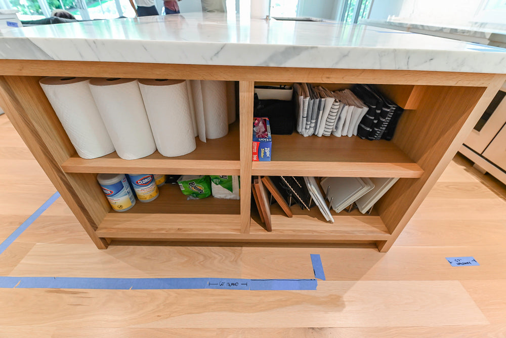 Custom Transitional White Kitchen with Natural Wood Toned Island, White Marble Countertops and 48" Wolf Range