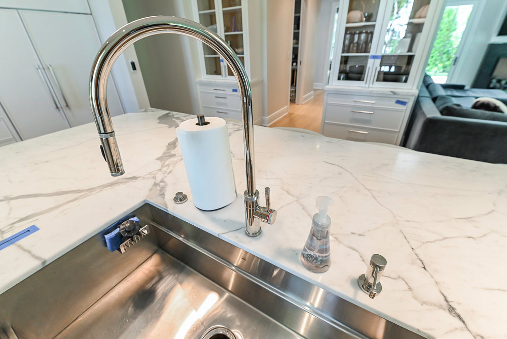 Custom Transitional White Kitchen with Natural Wood Toned Island, White Marble Countertops and 48" Wolf Range