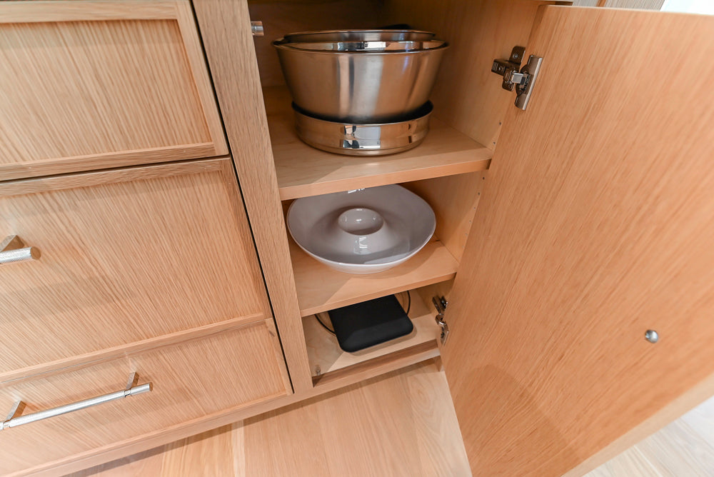 Custom Transitional White Kitchen with Natural Wood Toned Island, White Marble Countertops and 48" Wolf Range