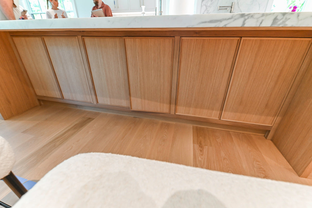 Custom Transitional White Kitchen with Natural Wood Toned Island, White Marble Countertops and 48" Wolf Range