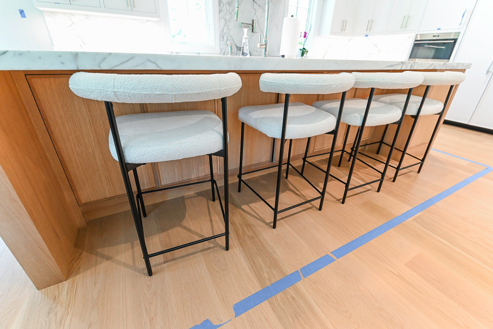 Custom Transitional White Kitchen with Natural Wood Toned Island, White Marble Countertops and 48" Wolf Range