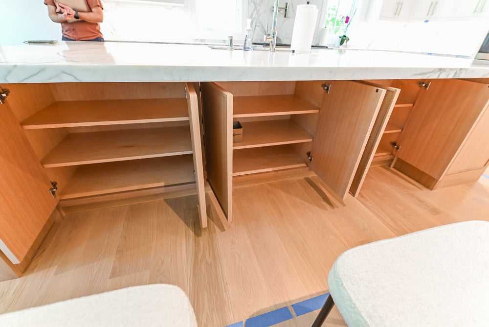 Custom Transitional White Kitchen with Natural Wood Toned Island, White Marble Countertops and 48" Wolf Range