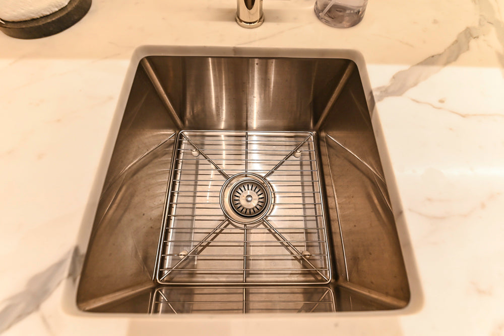 Custom Transitional Natural Wood Toned Butler's Pantry with Marble Countertops