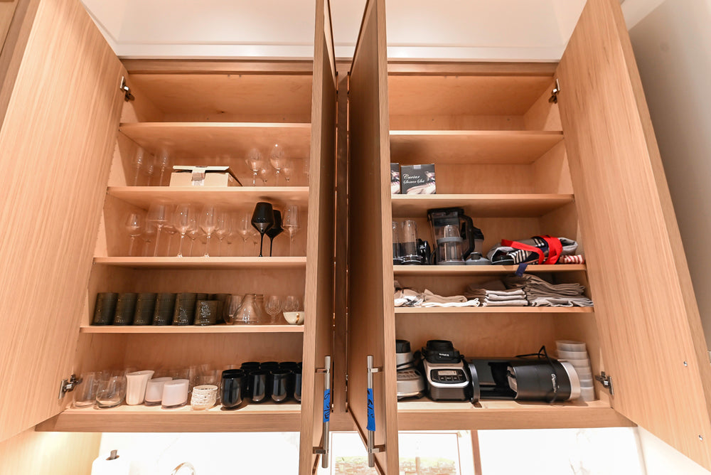 Custom Transitional Natural Wood Toned Butler's Pantry with Marble Countertops