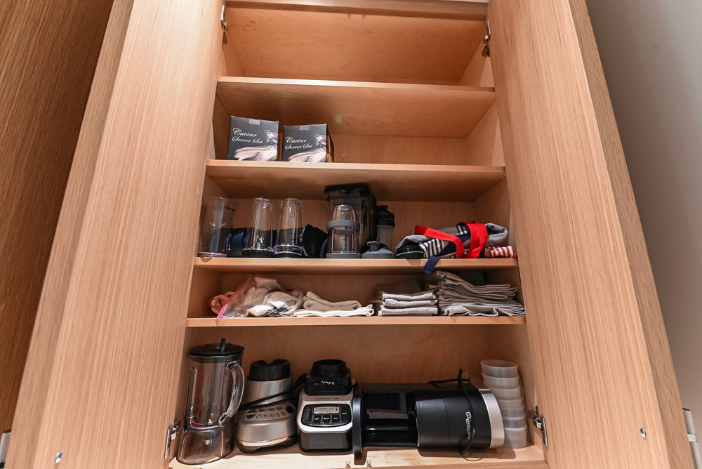 Custom Transitional Natural Wood Toned Butler's Pantry with Marble Countertops
