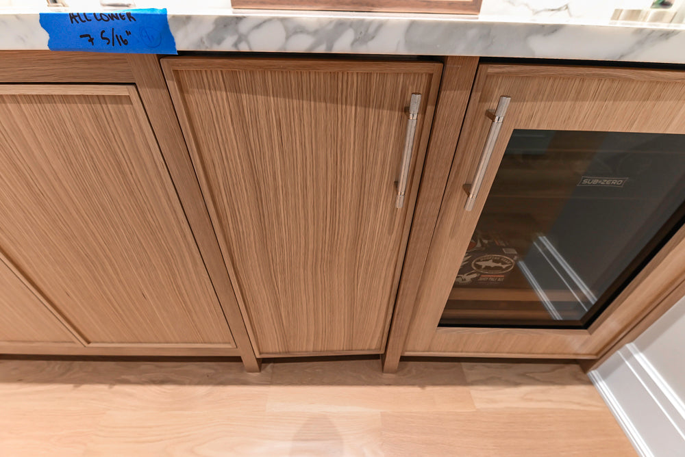 Custom Transitional Natural Wood Toned Butler's Pantry with Marble Countertops